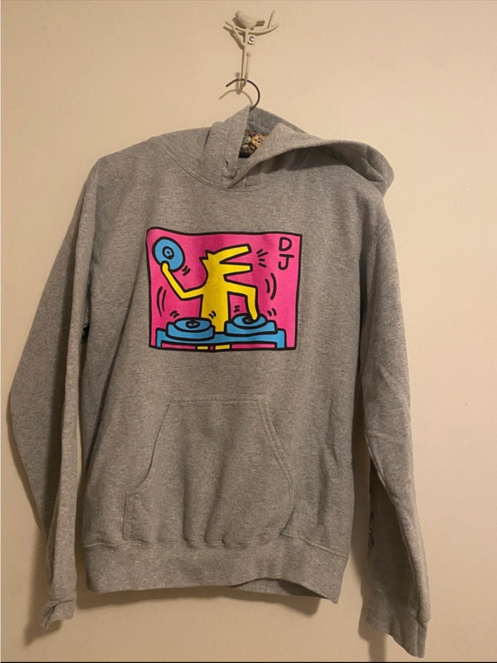 Keith Haring Gray Crewneck Sweatshirt with Pink & Yellow DJ Graphic